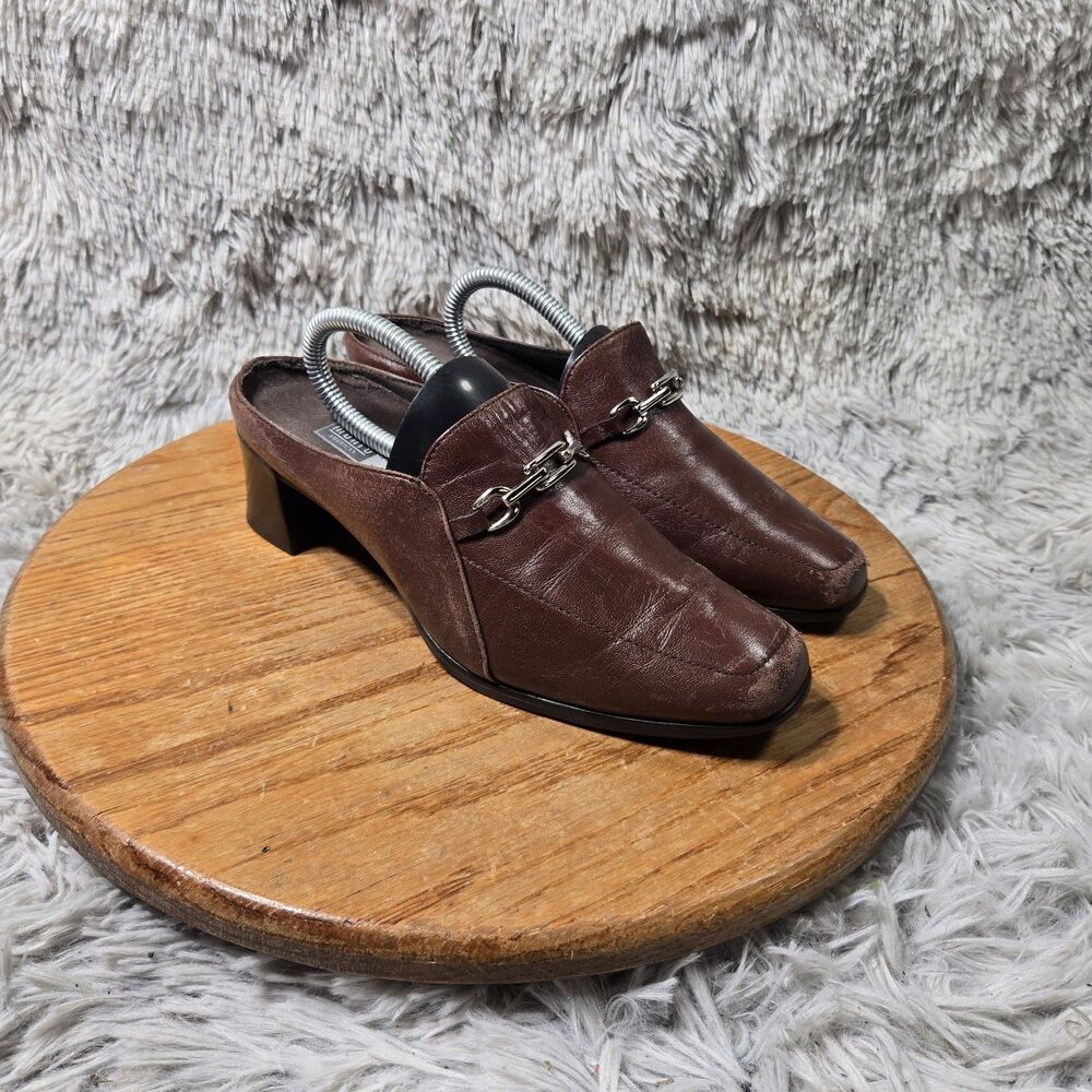 Munro Women Red Leather Block Heel Slip On Mules Size 7-8/Measure Insoles Y2K